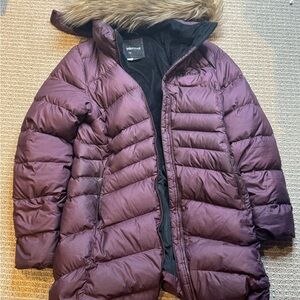 Marmot 700 Fill Down Puffer Parka Fur‎ Hood Purple S P Winter Warm Coat